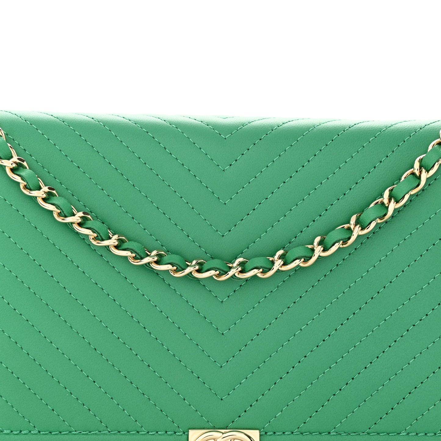 Lambskin Chevron Quilted Boy Wallet On Chain WOC Green