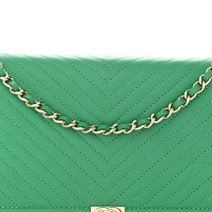 Chanel Lambskin Chevron Quilted Boy Wallet On Chain WOC Green 9 of 12