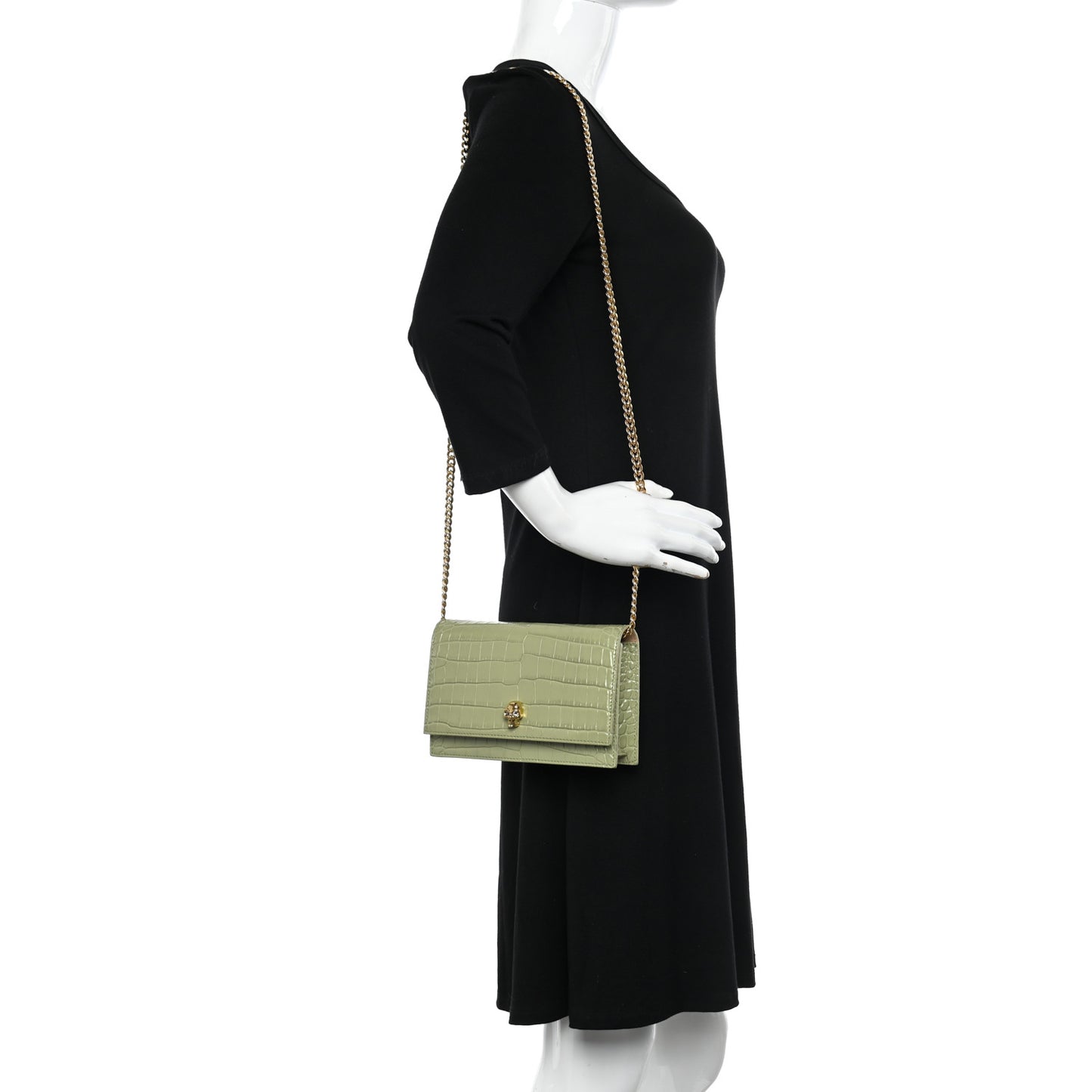 Calfskin Crocodile Embossed Skull Mini Crossbody Bag Sage