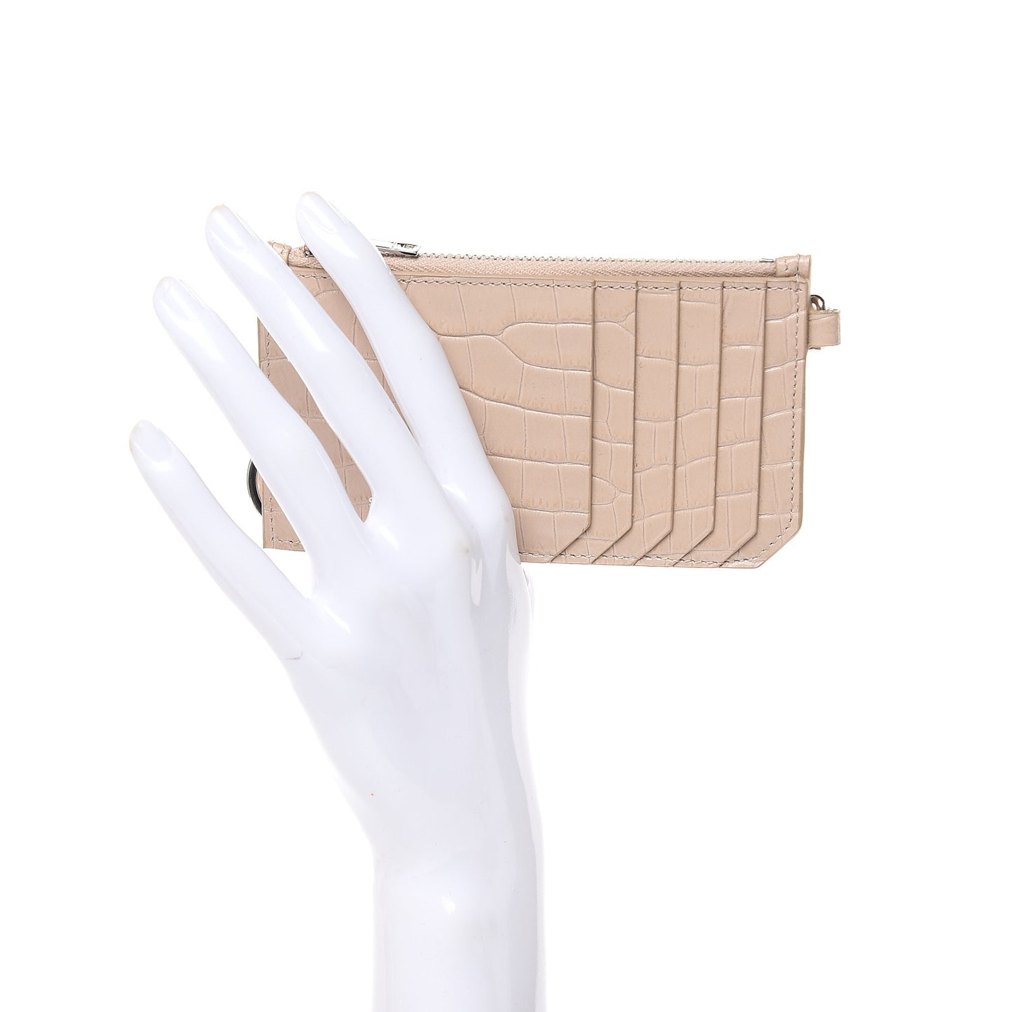 Calfskin Crocodile Embossed 5 Fragments Zip Pouch Card Holder Beige