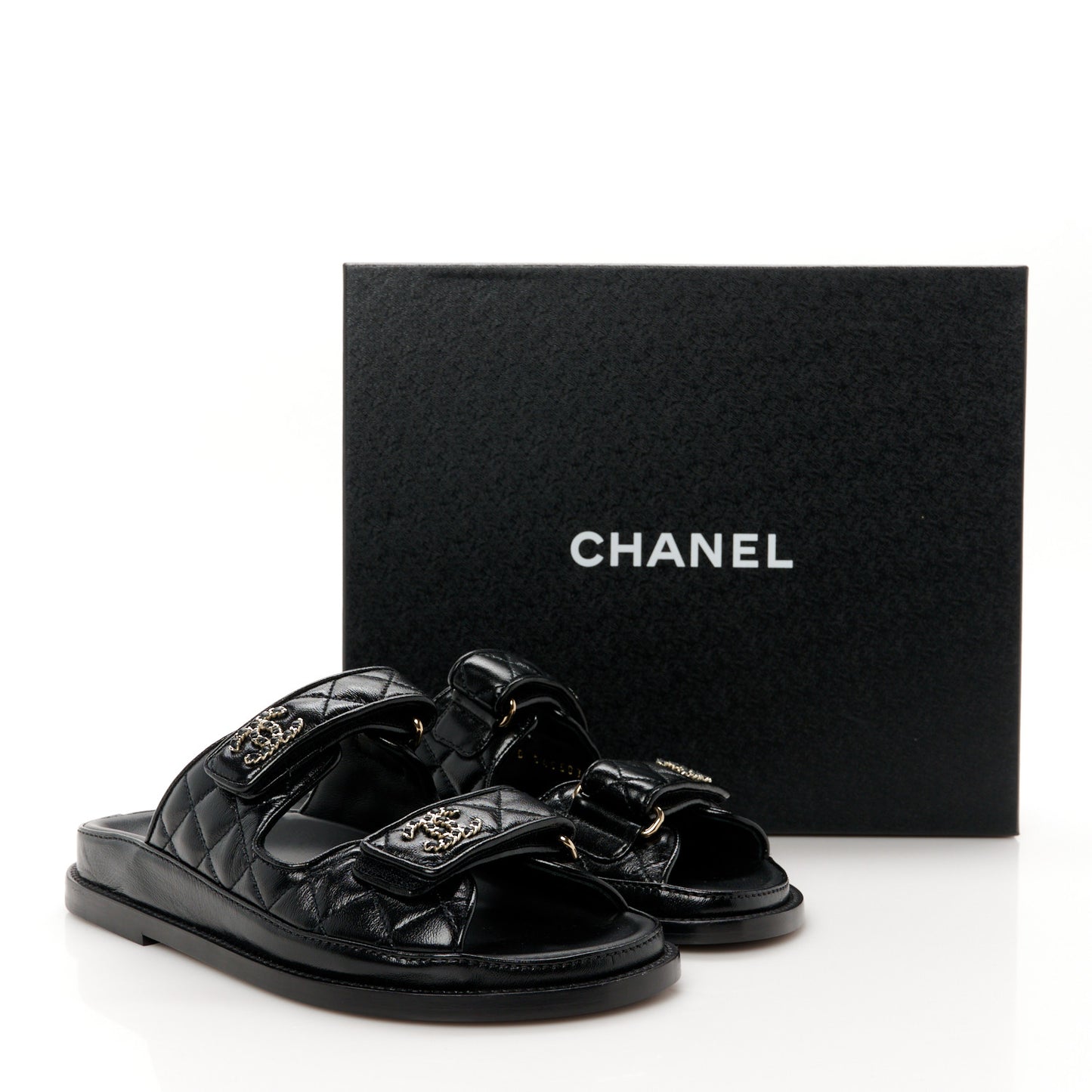 Lambskin Quilted Velcro Dad Chain CC Slide Sandals 35 Black