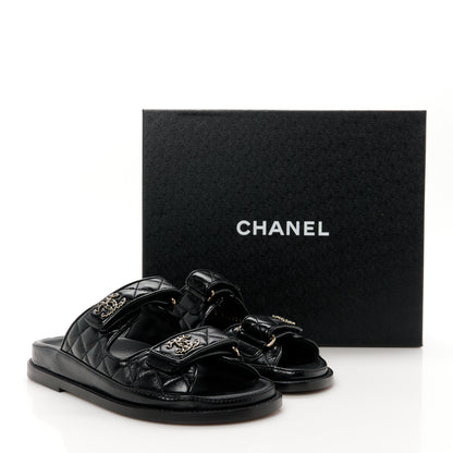 Chanel Lambskin Quilted Velcro Dad Chain CC Slide Sandals 35 Black 10 of 10