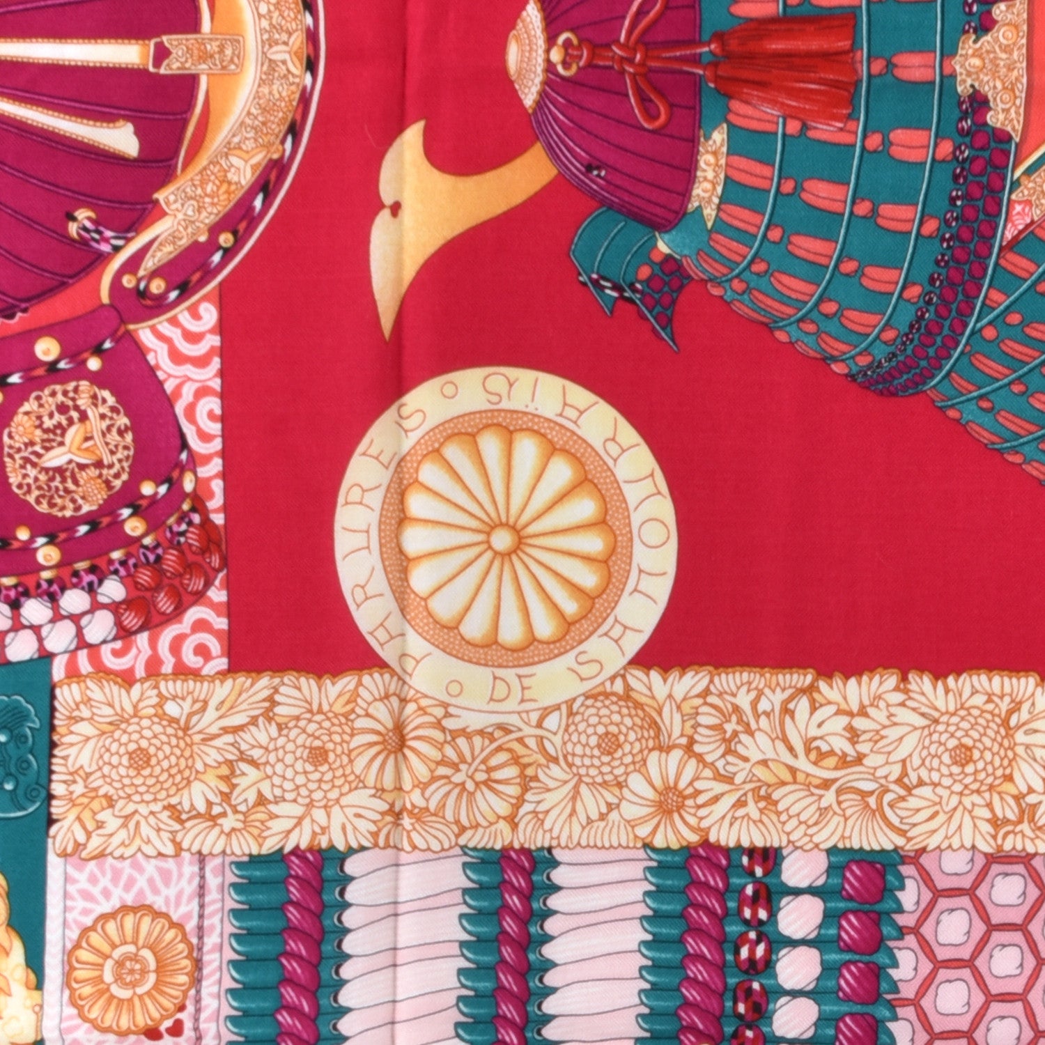 Hermes Cashmere Silk Parures De Samourais Shawl 140 Rose Indien Vert Corail 2 of 4