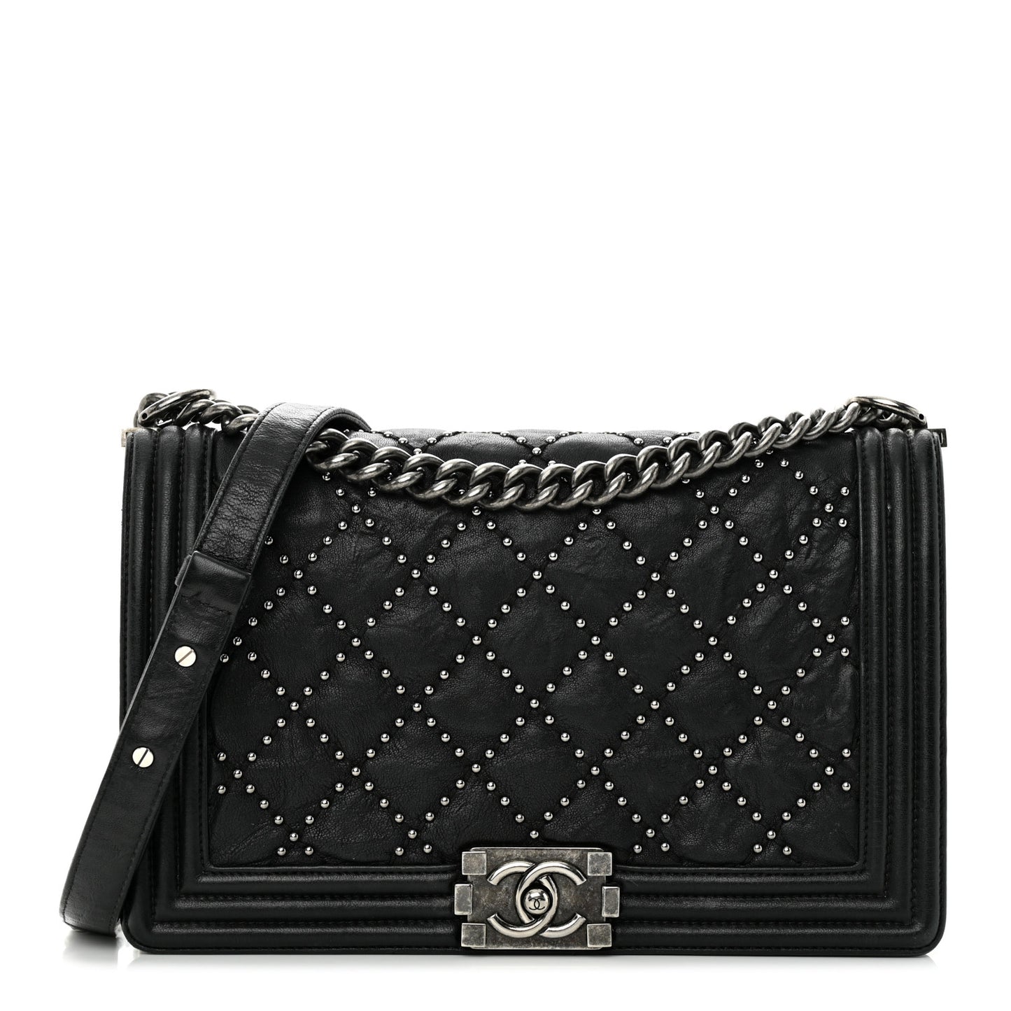 Crumpled Lambskin New Medium Studded Boy Flap Black