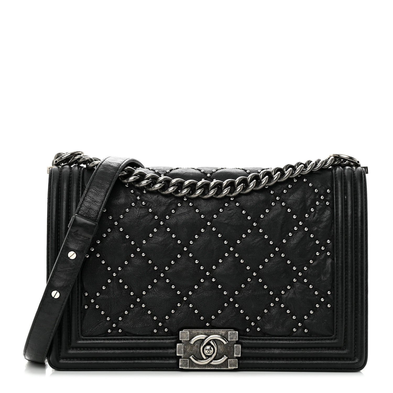 Chanel Crumpled Lambskin New Medium Studded Boy Flap Black 1 of 12