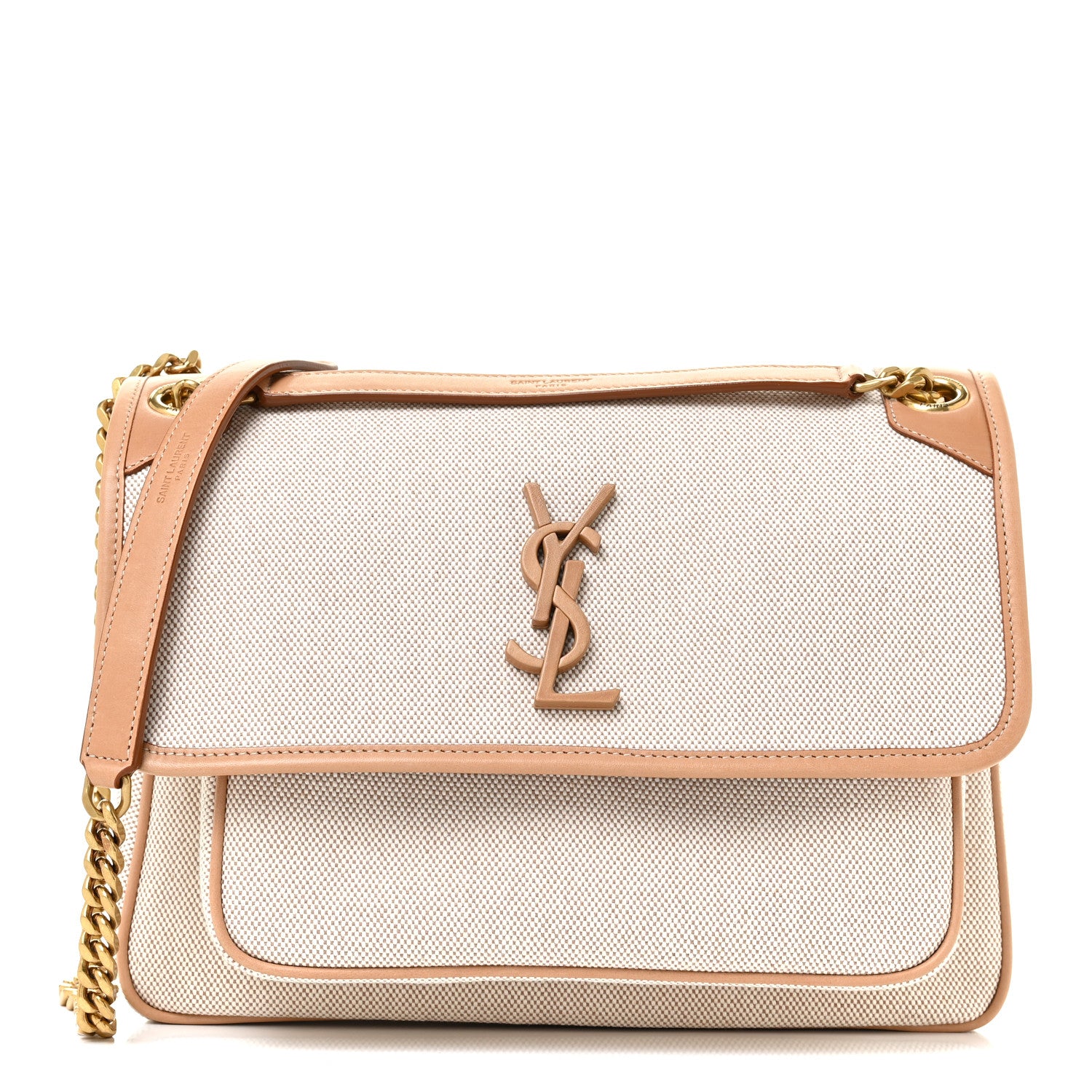 Saint Laurent Cotton Canvas Vintage Calfskin Monogram Medium Niki Chain Satchel Cream Tan 1 of 16