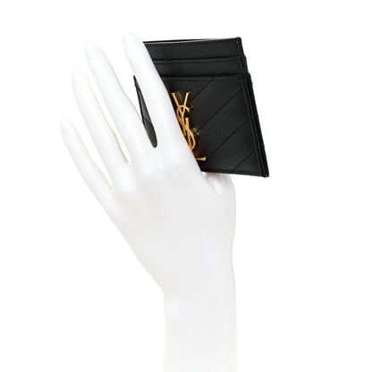 Saint Laurent Grain De Poudre Matelasse Chevron Monogram Credit Card Case Black 2 of 7