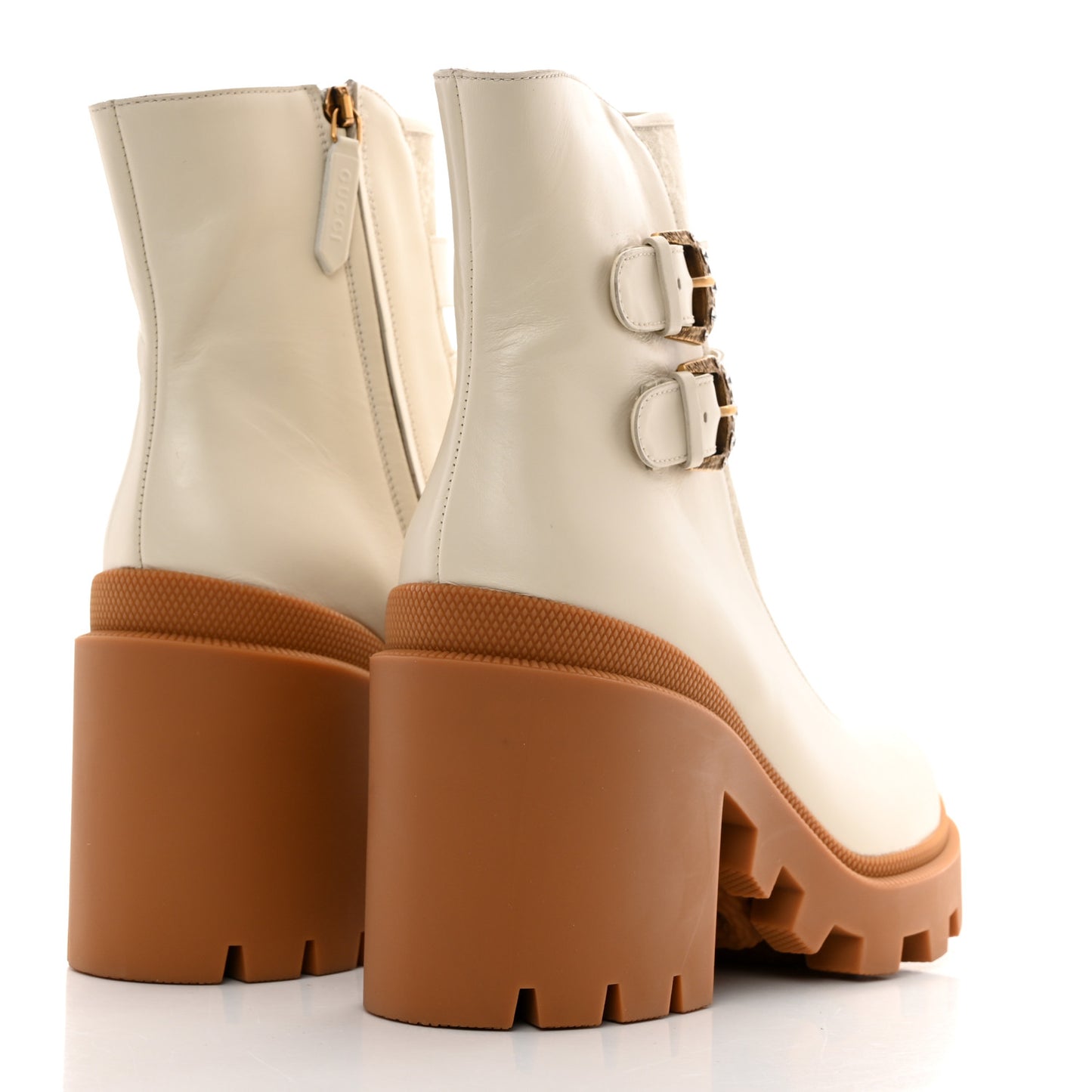 Kensington Calfskin Nappa GG Supreme Monogram Womens Double Buckle Ankle Boots 41 Mystic White Beige