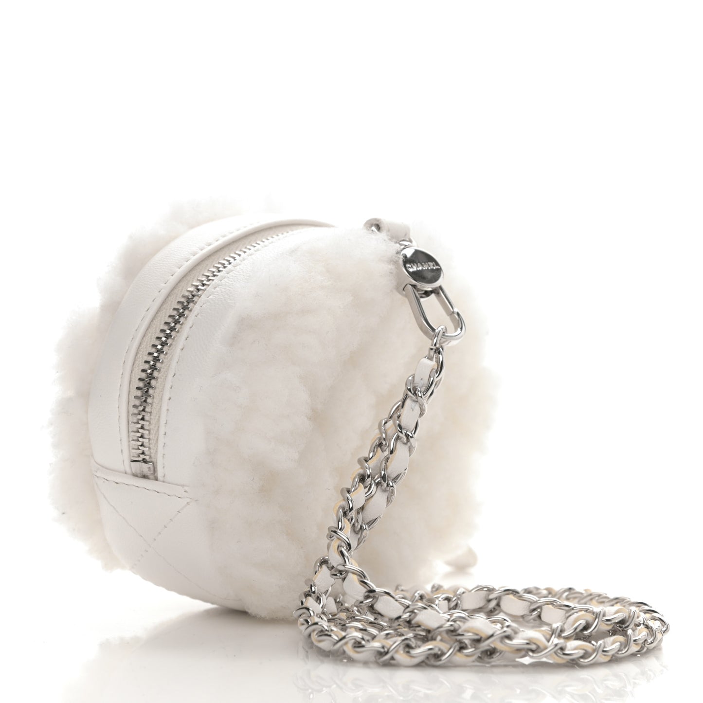 Shearling Sheepskin Lambskin Quilted Round Clutch With Chain White