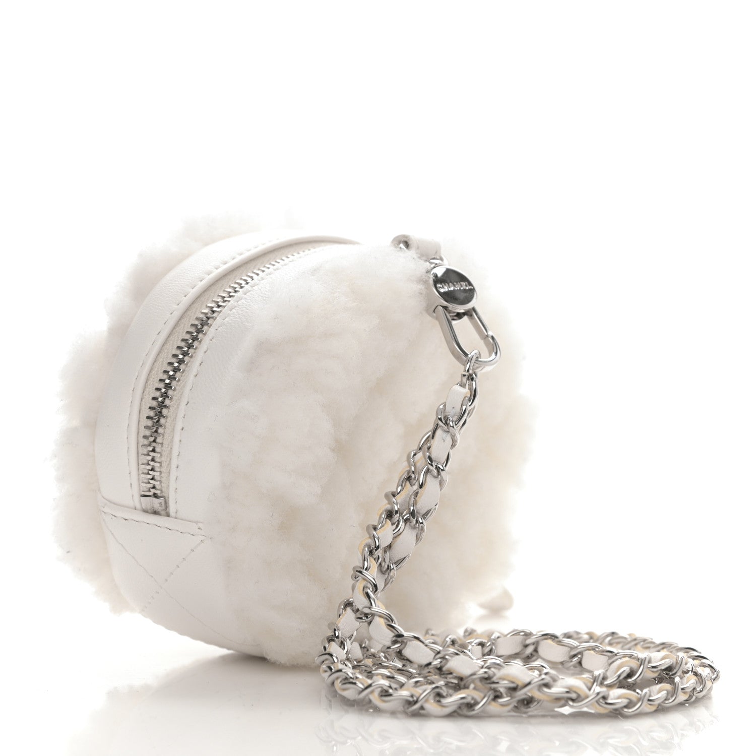 Chanel Shearling Sheepskin Lambskin Quilted Round Clutch With Chain White 3 of 10