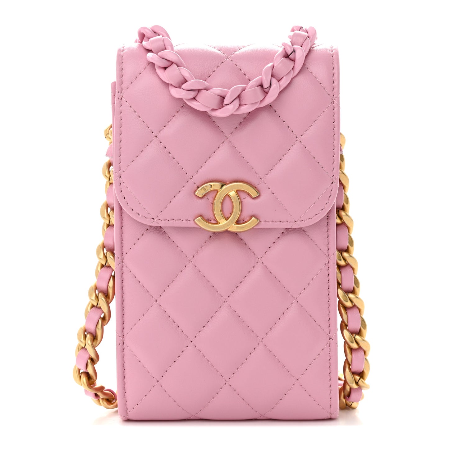 Lambskin Quilted Lacquered Chain Phone Holder With Chain Dark Pink