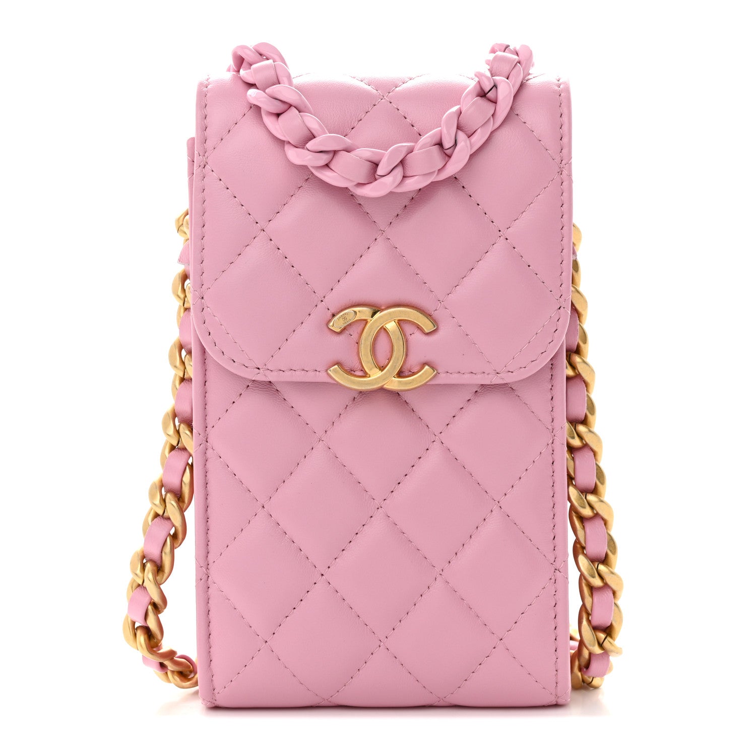 Chanel Lambskin Quilted Lacquered Chain Phone Holder With Chain Dark Pink 1 of 13