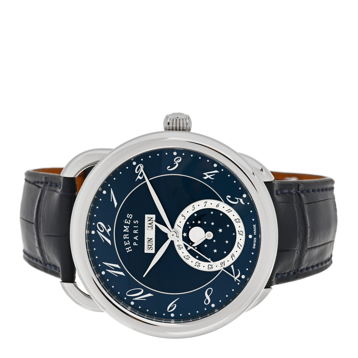 Hermes Stainless Steel Alligator 43mm Arceau Grande Lune Automatic Watch Bleu Abysse 2 of 5