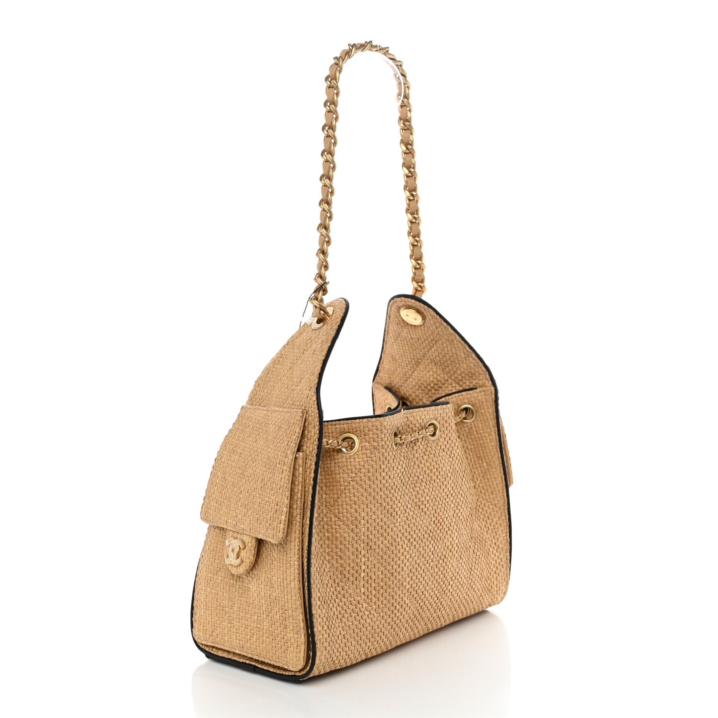 Braided Raffia Calfskin Small Chanel 25 Handbag Beige Black