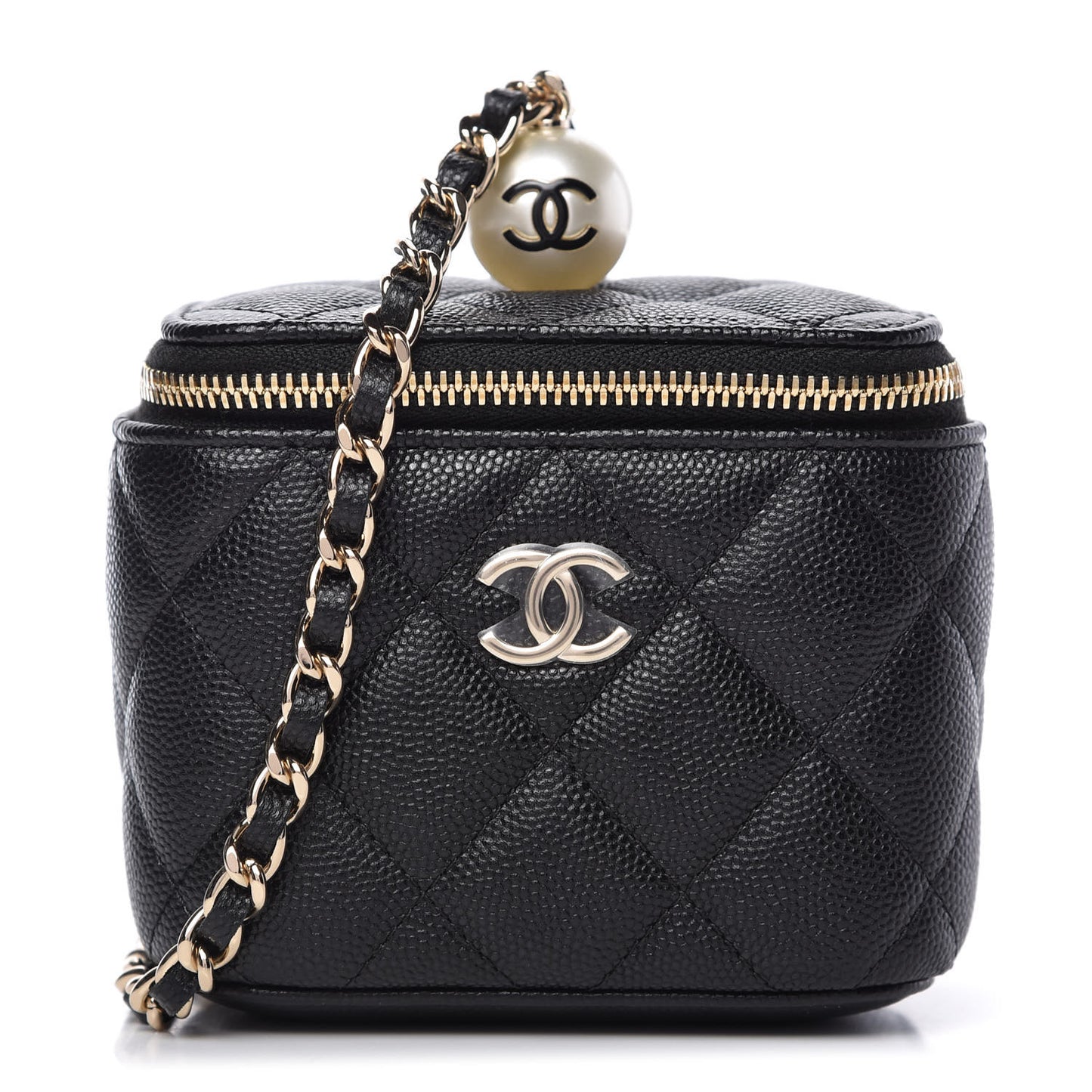 Caviar Quilted Mini Pearl On Top Vanity Case With Chain Black