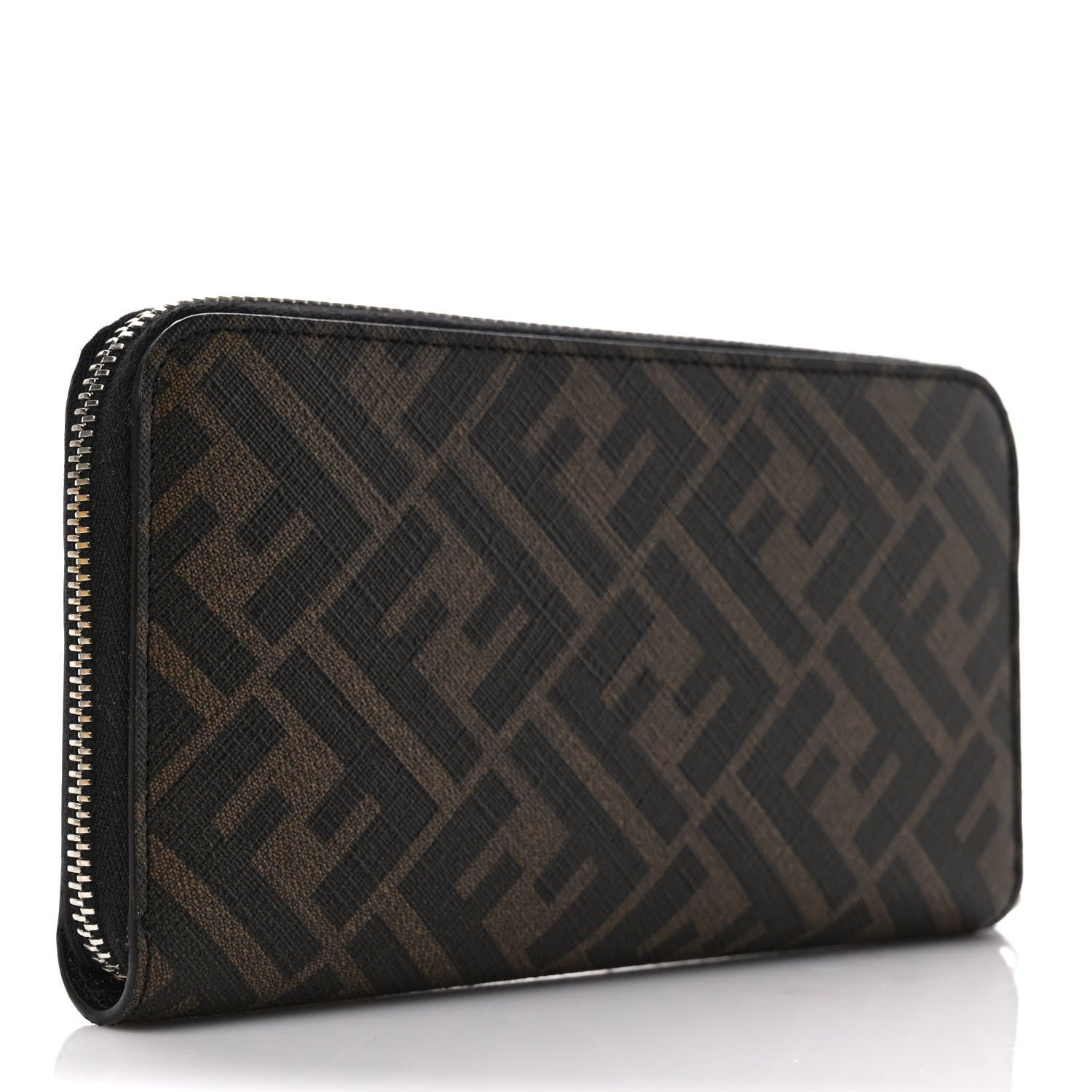 Fendi Glazed Fabric Vitello Liberty FF 1974 Diagonal Zip Around Wallet Tobacco Rosso Black 3 of 7
