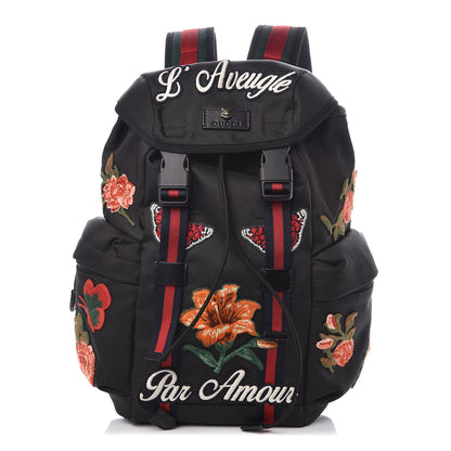 Gucci Techno Canvas Web L'Aveugle Par Amour Embroidered Double Buckle Backpack Black 1 of 10