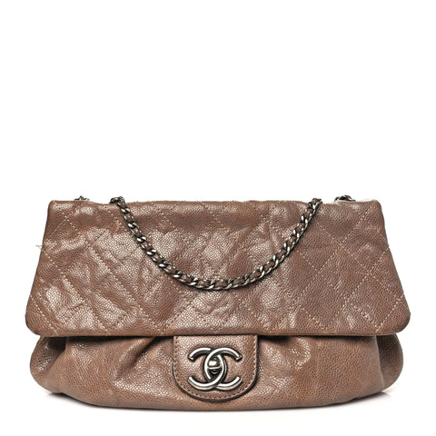 Caviar Quilted Medium Elastic Flap Brown