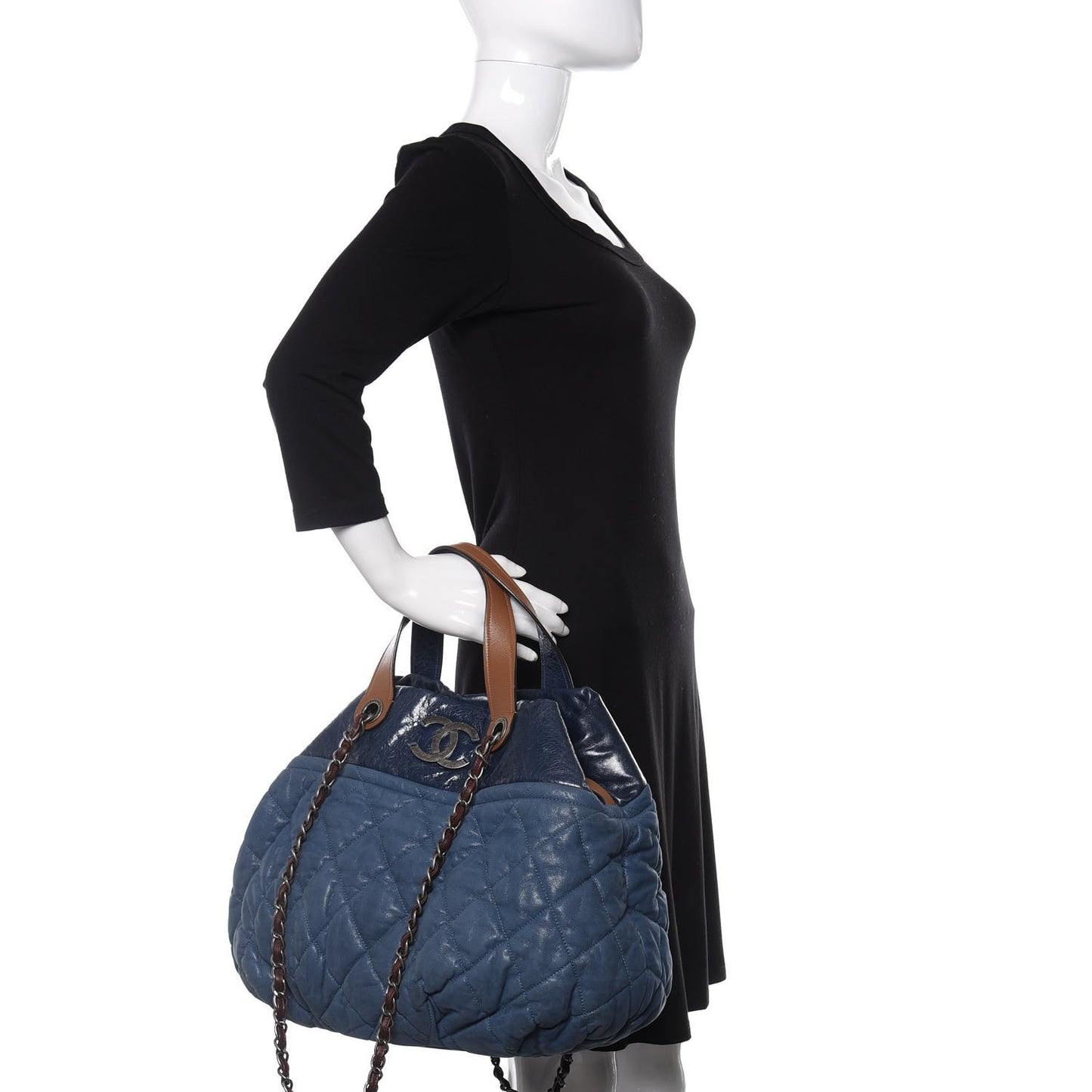 Iridescent Calfskin Quilted Large In The Mix Tote Navy