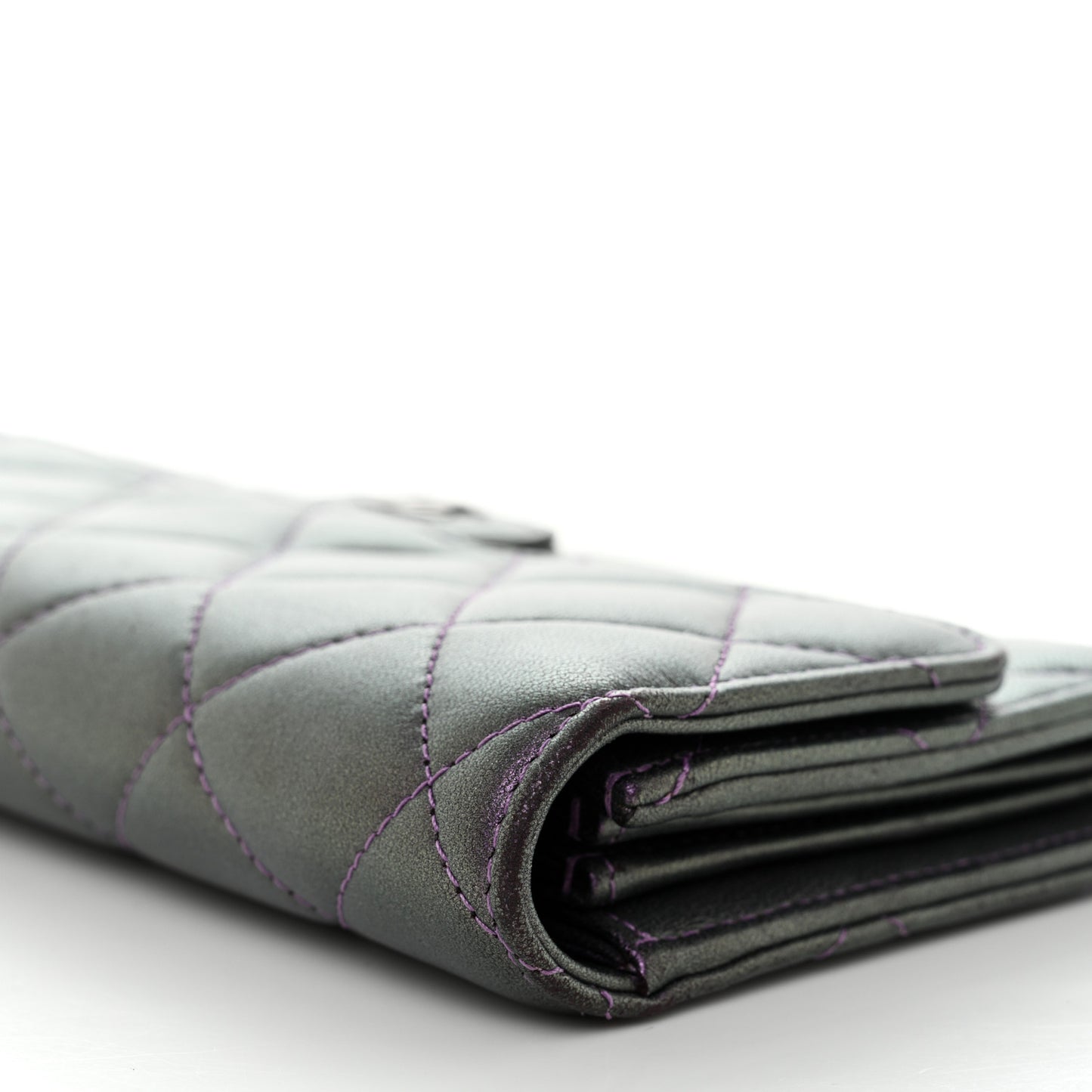 Iridescent Lambskin Quilted Large Gusset Flap Wallet Purple
