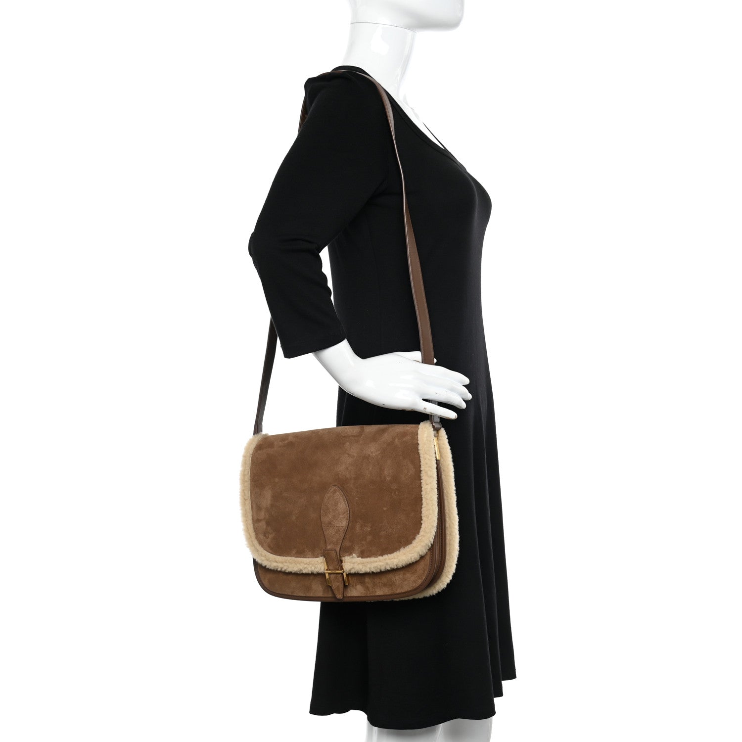 Saint Laurent Nubuck Shearling Besace Satchel Dark Cigar Natural Beige 2 of 11