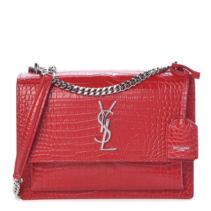 Saint Laurent Calfskin Crocodile Embossed Medium Monogram Sunset Rouge Eros 1 of 8