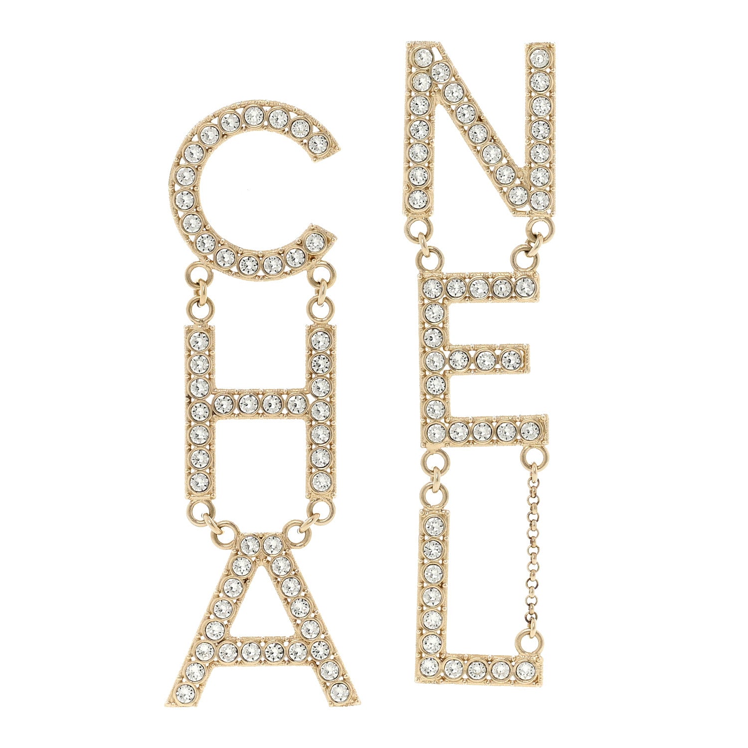 Chanel Crystal Cha-Nel Logo Drop Earrings Gold 1 of 5