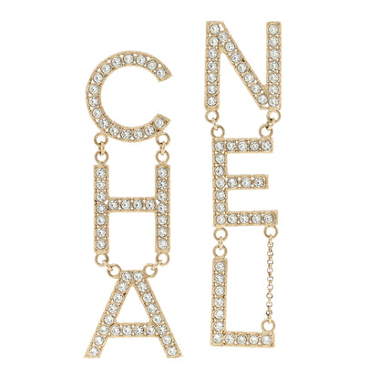 Chanel Crystal Cha-Nel Logo Drop Earrings Gold 1 of 5