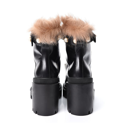 Gucci Magnum Calfskin Fur Pearl Lace Up Combat Ankle Boots 38.5 Black Naturale 4 of 11