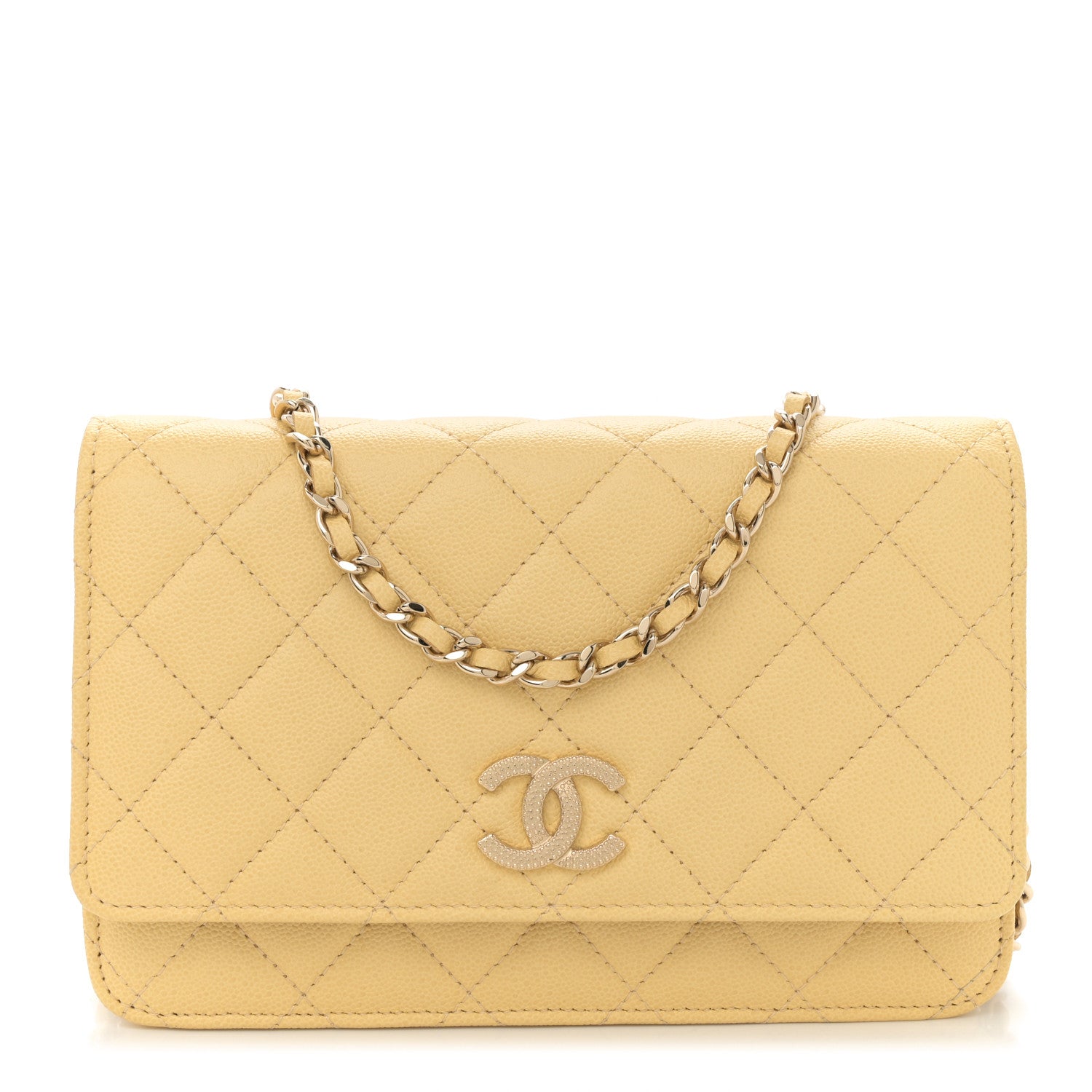 Chanel Caviar Quilted Studded CC Wallet on Chain WOC Yellow 1 of 10