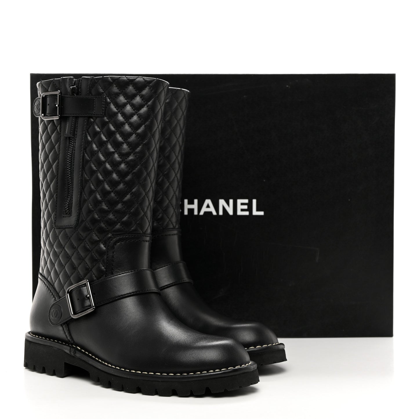 Calfskin Quilted Biker Boots 38 Black