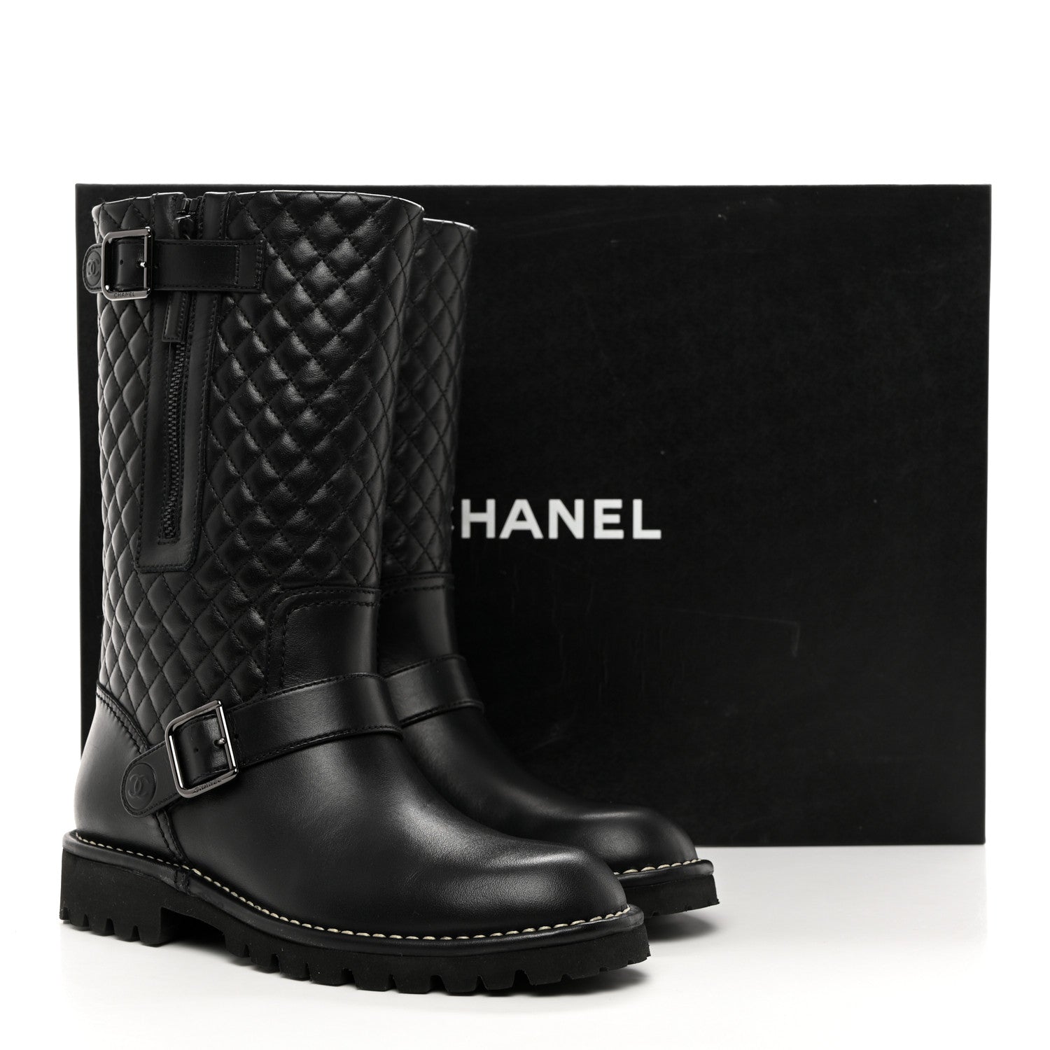 Chanel Calfskin Quilted Biker Boots 38 Black 9 of 9