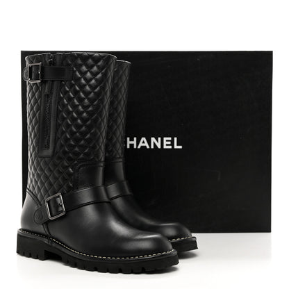 Chanel Calfskin Quilted Biker Boots 38 Black 9 of 9