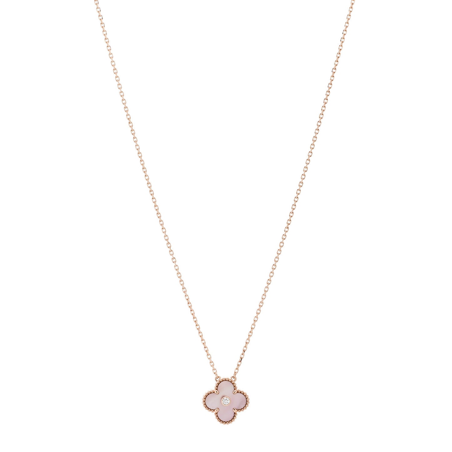 18K Rose Gold Diamond Pink Mother of Pearl Vintage Alhambra Pendant Necklace