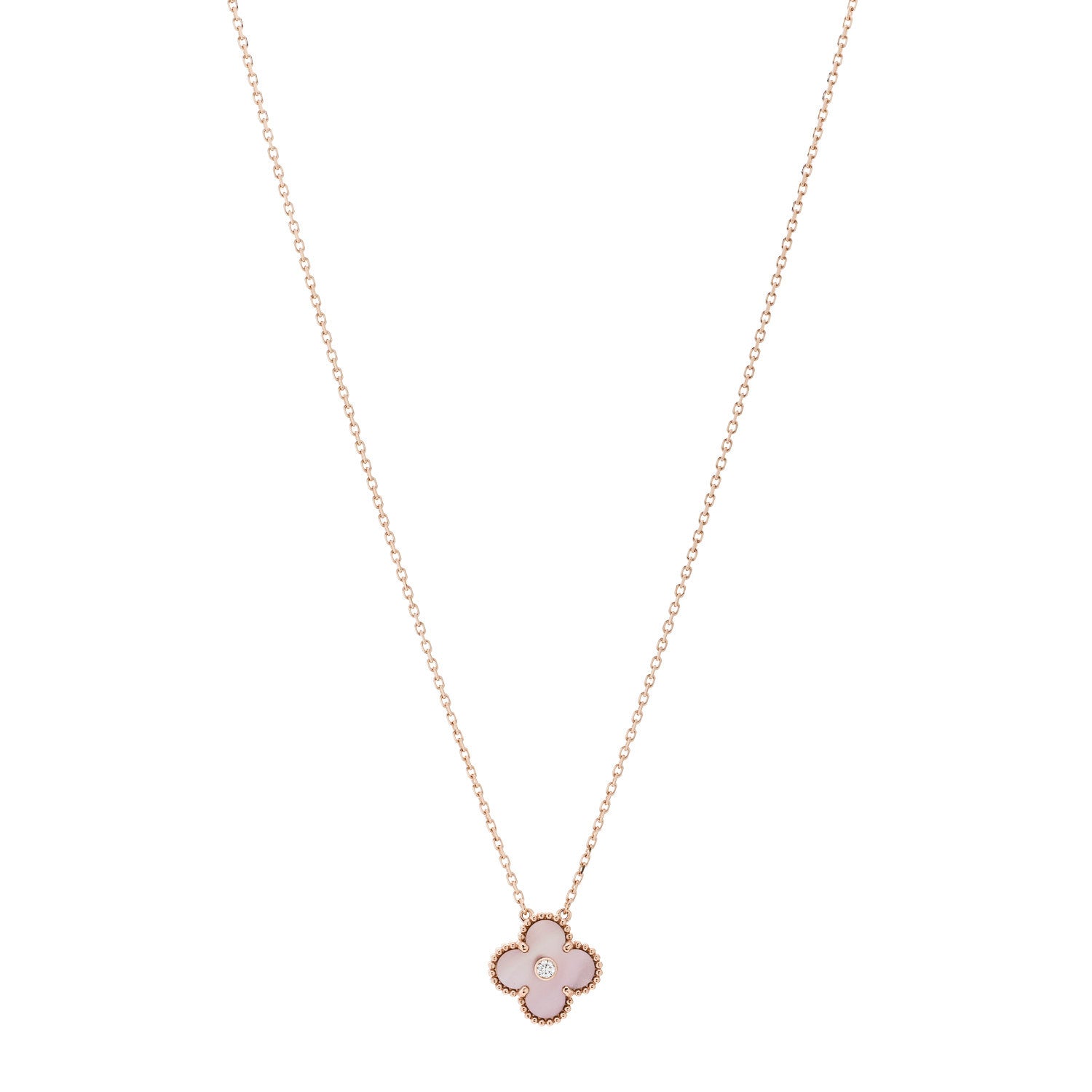 Van Cleef & Arpels 18K Rose Gold Diamond Pink Mother of Pearl Vintage Alhambra Pendant Necklace 1 of 7