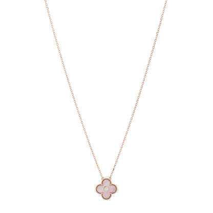 Van Cleef & Arpels 18K Rose Gold Diamond Pink Mother of Pearl Vintage Alhambra Pendant Necklace 1 of 7