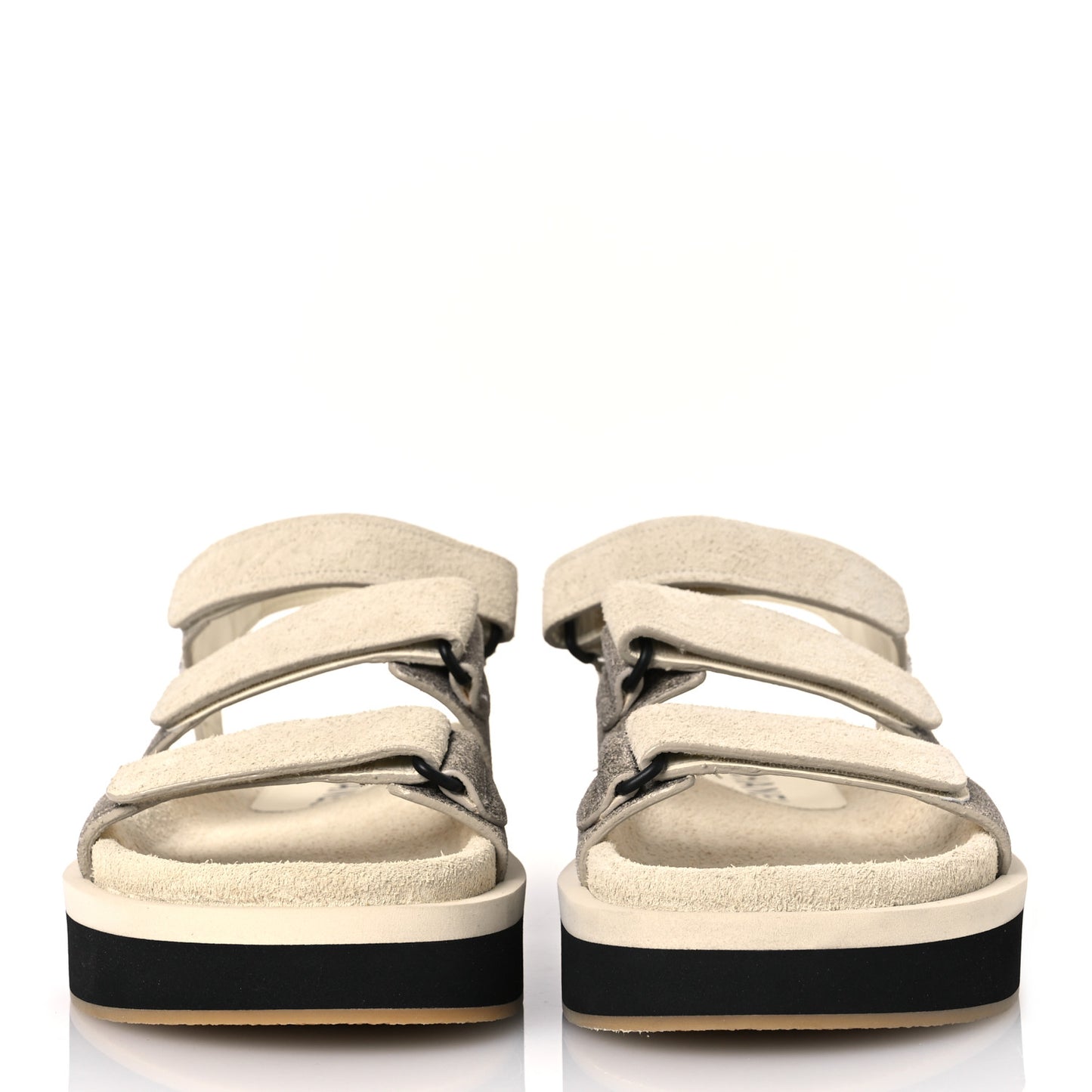 Suede Calfskin Velcro Flat Sandals 39 Ecru Dark Beige