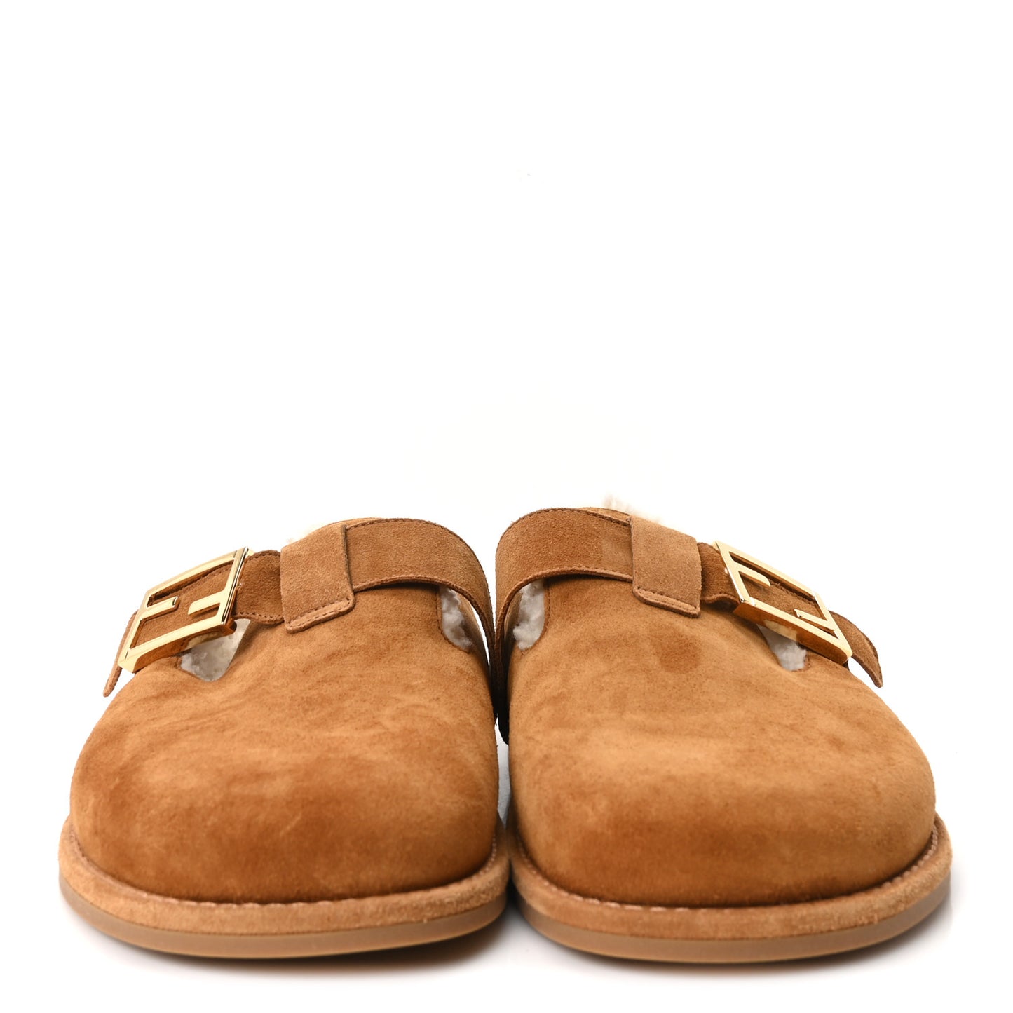 Suede Shearling Fendi Feel Buckled Clogs 39 Caramel Latte