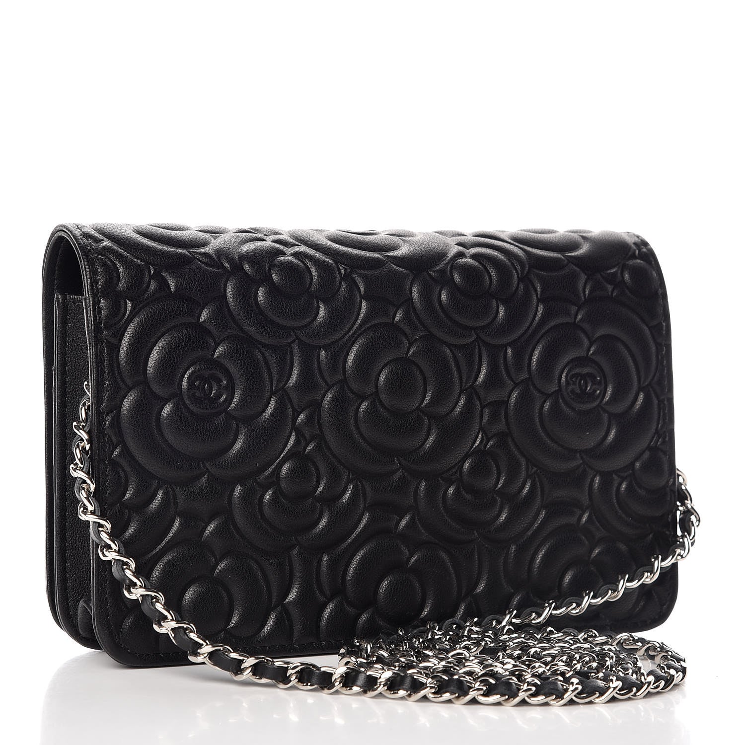 Chanel Lambskin Camellia Embossed Wallet On Chain WOC Black 3 of 11