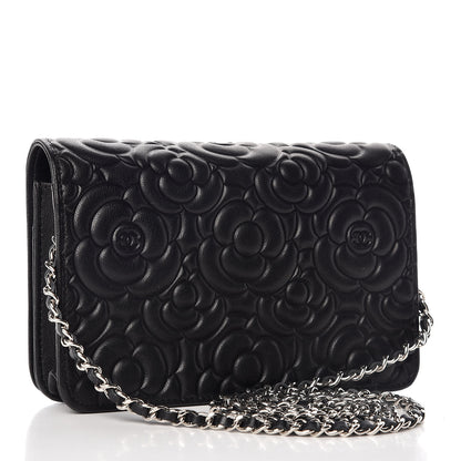Chanel Lambskin Camellia Embossed Wallet On Chain WOC Black 3 of 11