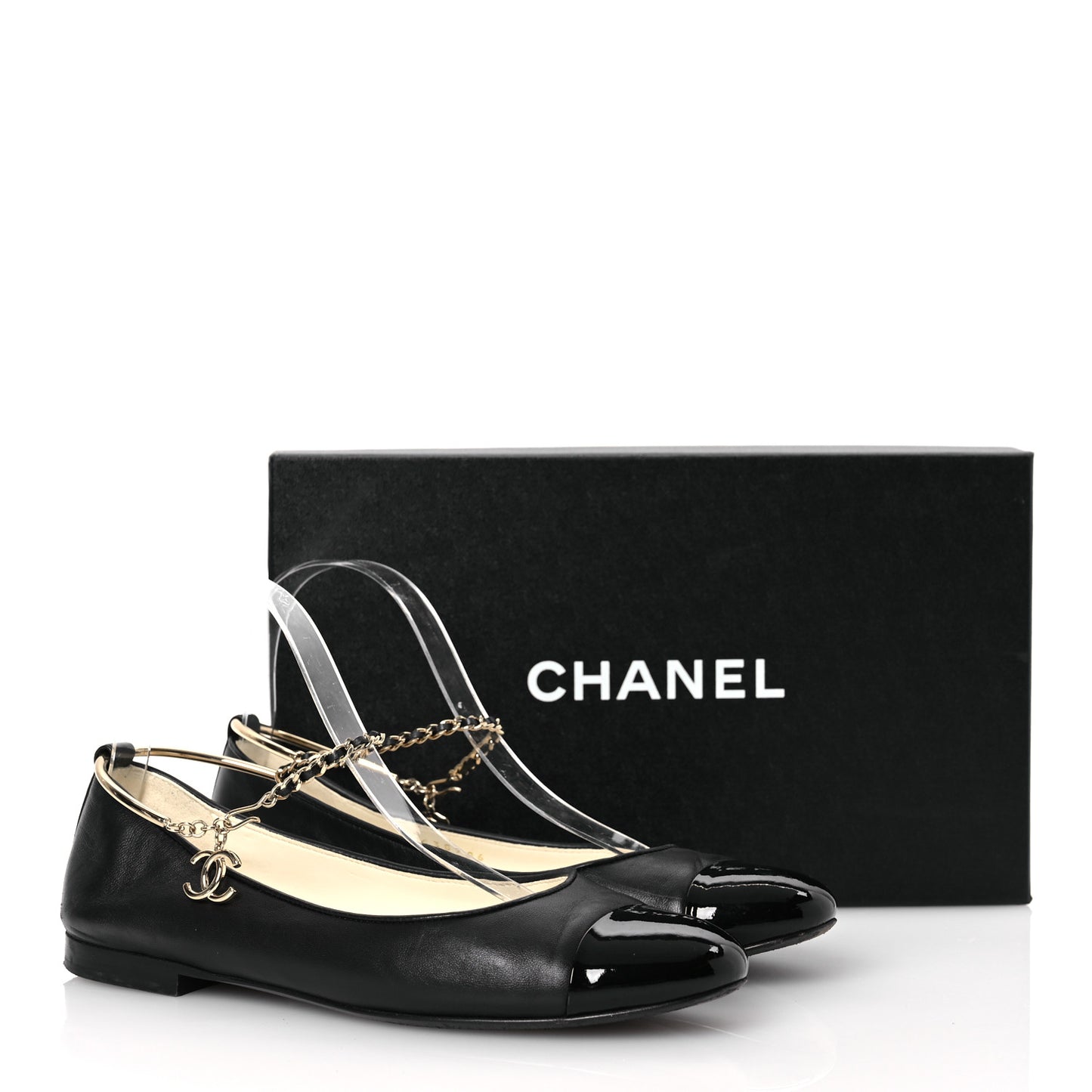 Lambskin Patent Calfskin Cap Toe Ankle Chain Ballerina Flats 37.5 Black
