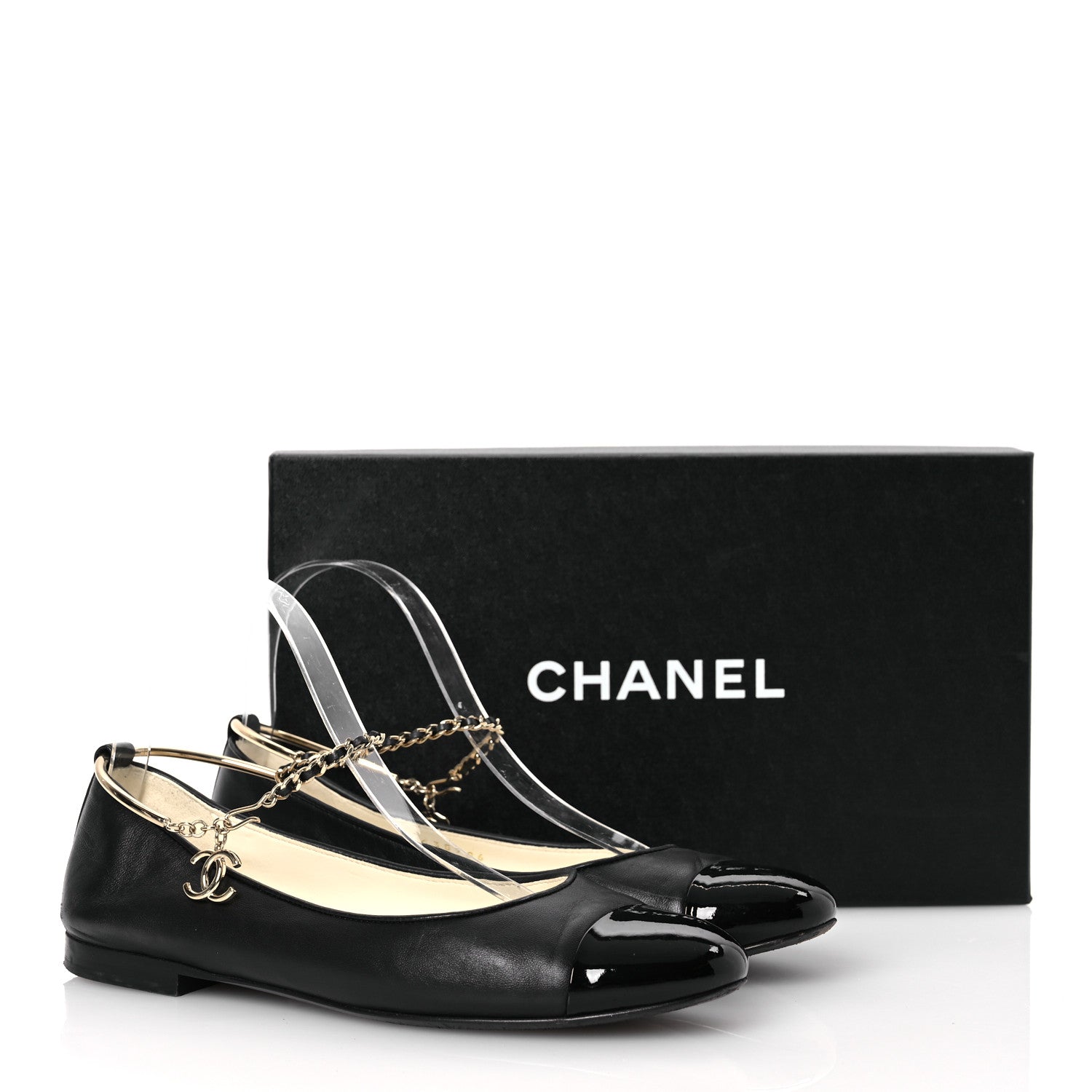 Chanel Lambskin Patent Calfskin Cap Toe Ankle Chain Ballerina Flats 37.5 Black 17 of 17