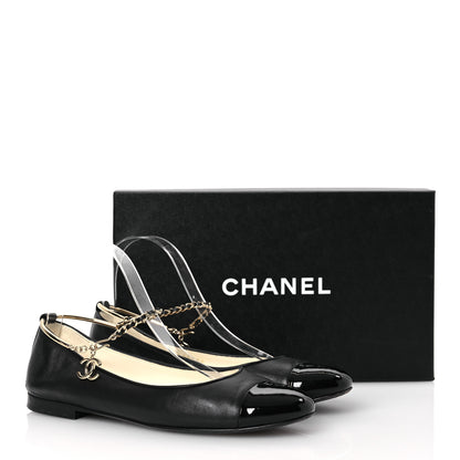Chanel Lambskin Patent Calfskin Cap Toe Ankle Chain Ballerina Flats 37.5 Black 17 of 17