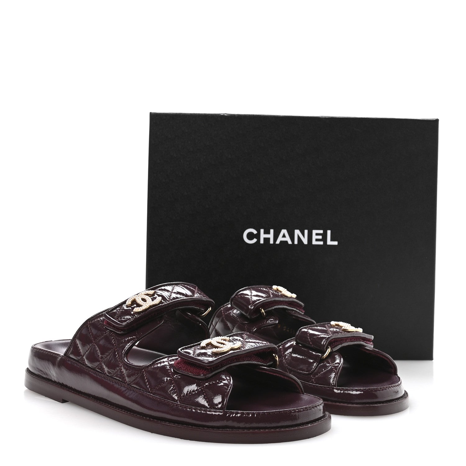 Chanel Shiny Calfskin Quilted Velcro Dad Pearl CC Slide Sandals 40
