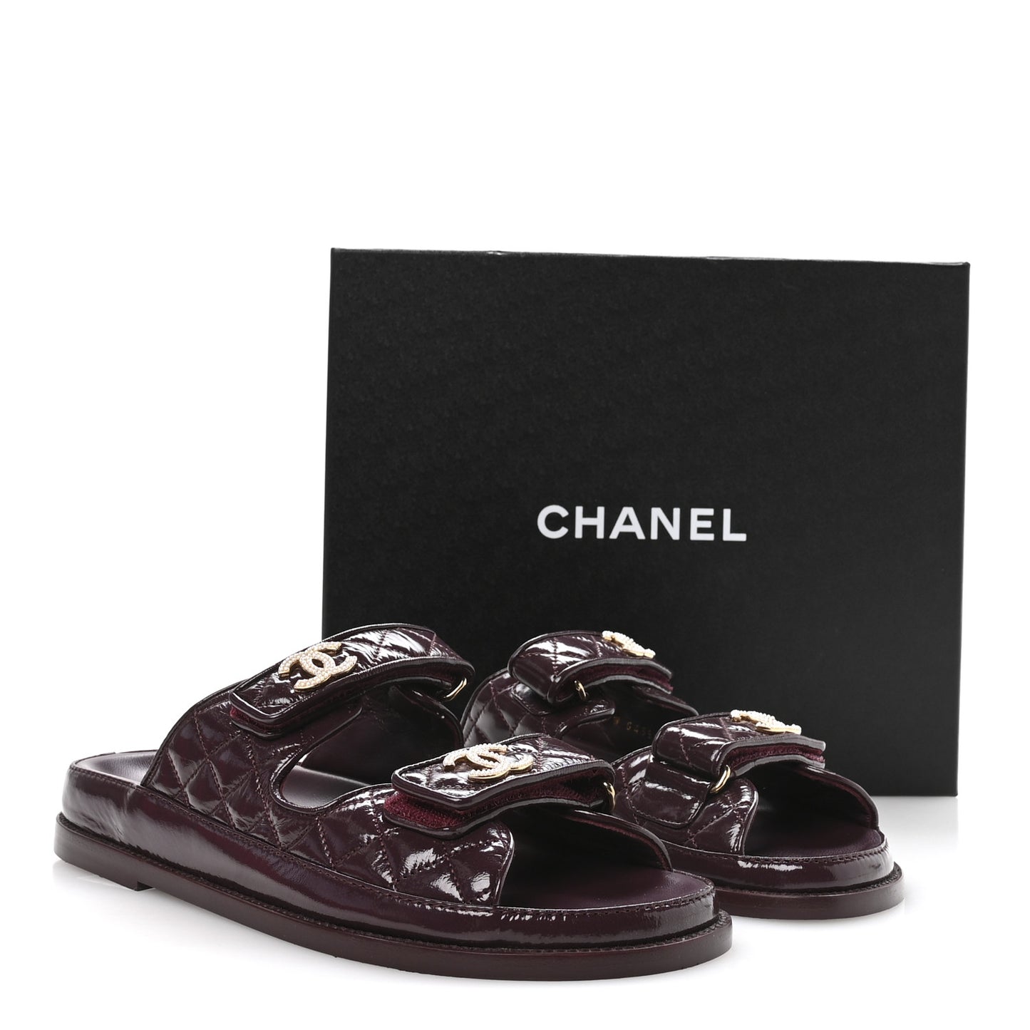 Shiny Calfskin Quilted Velcro Dad Pearl CC Slide Sandals  40 Burgundy
