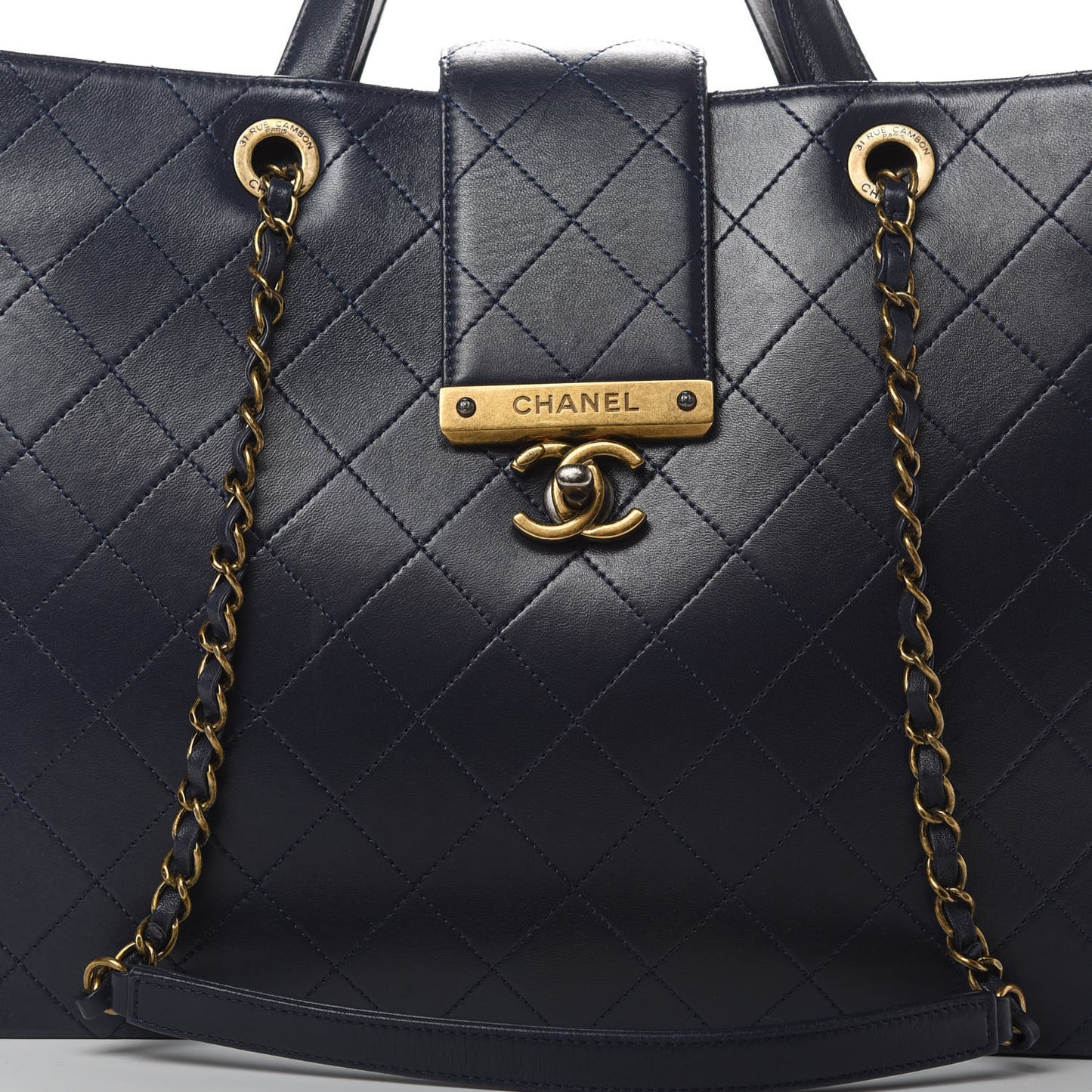 Lambskin Stitched Large Around The Corner Shopping Tote Deep Marine