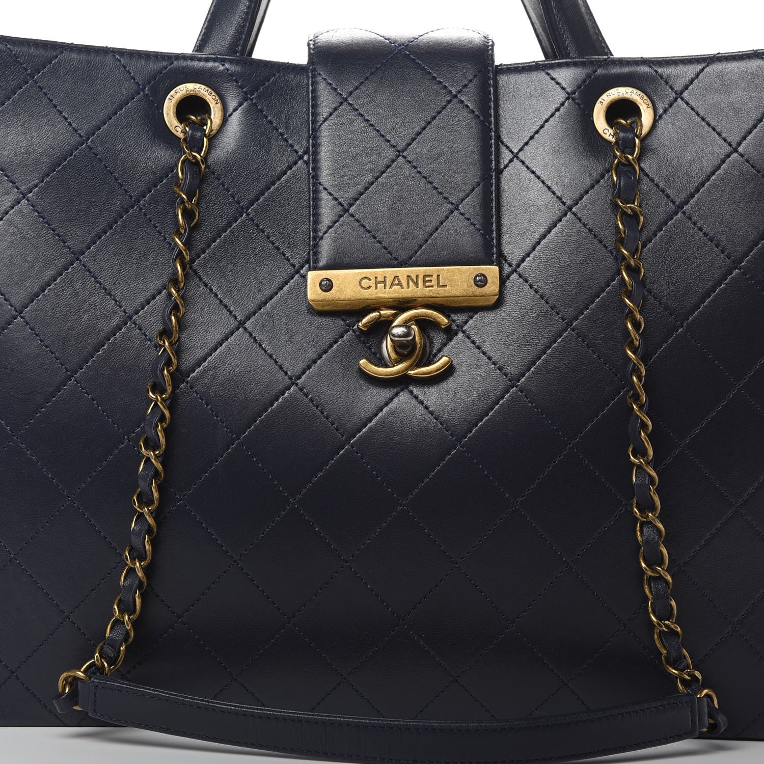 Chanel Lambskin Stitched Large Around The Corner Shopping Tote Deep Marine 8 of 15