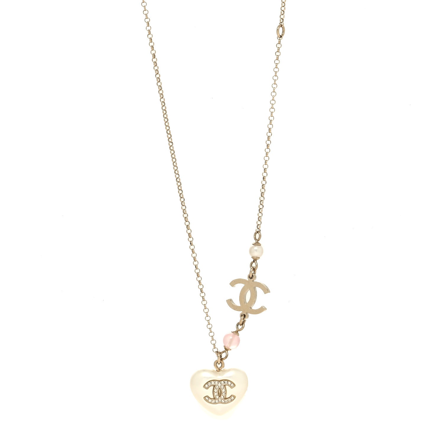 Chanel Resin Crystal CC Heart Necklace Pearly White Gold 2 of 5