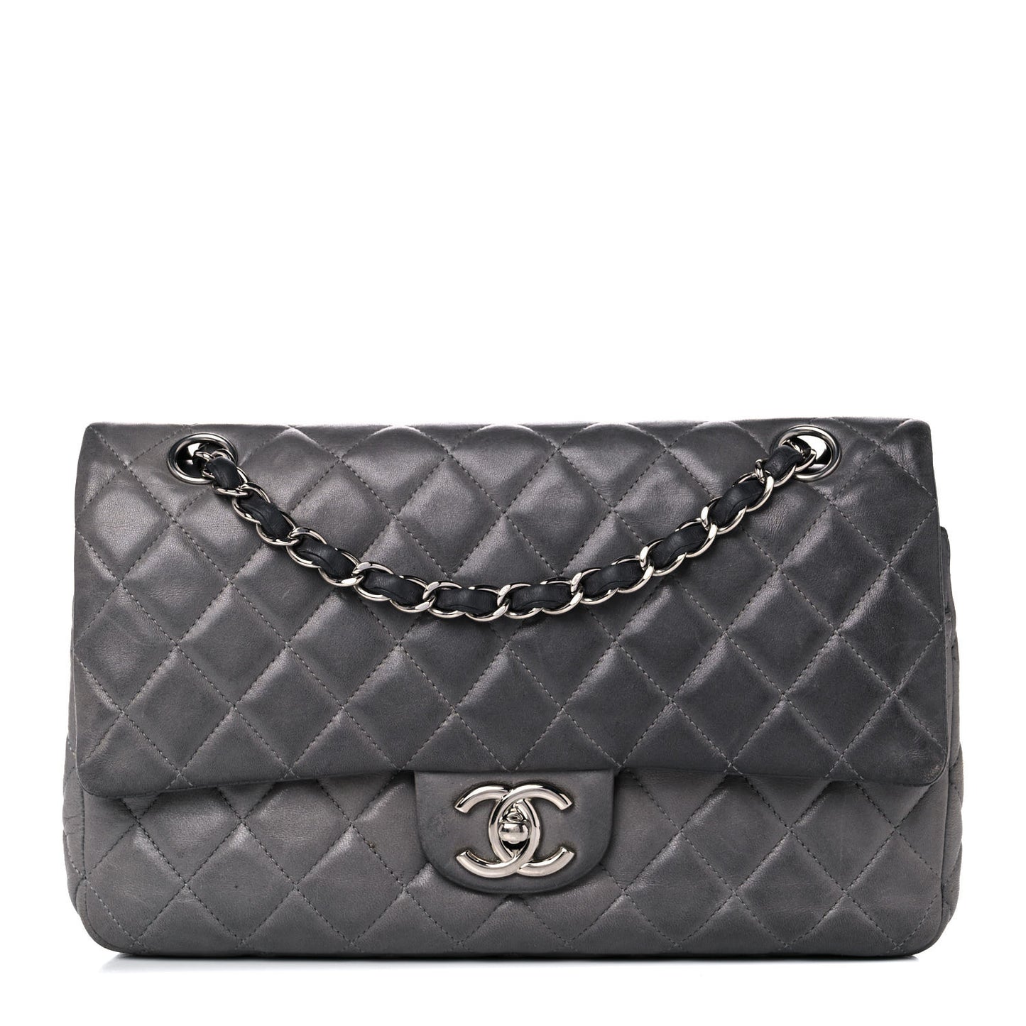 Lambskin Quilted Medium Double Flap Dark Grey