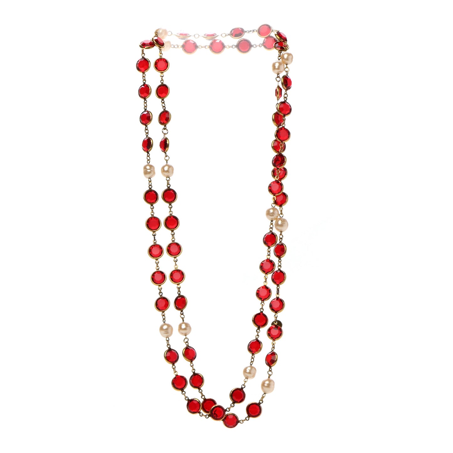Crystal Pearl Sautoir 1981 Long Necklace Red